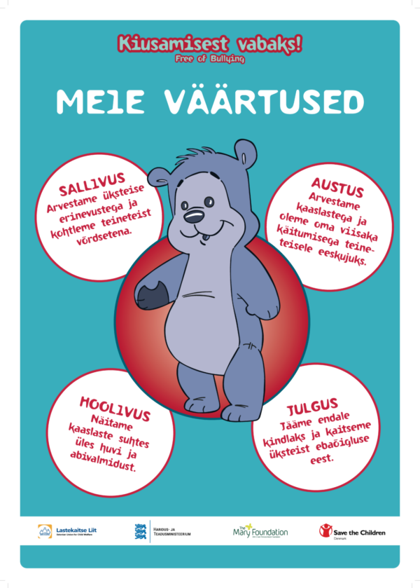 Programmi “Kiusamisest vabaks!” eestikeelne täidetud väärtuste plakat koolidele