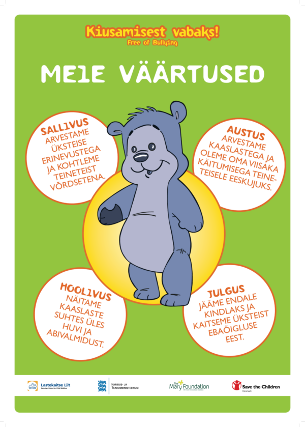 Programmi “Kiusamisest vabaks!” eestikeelne täidetud väärtuste plakat lasteaedadele