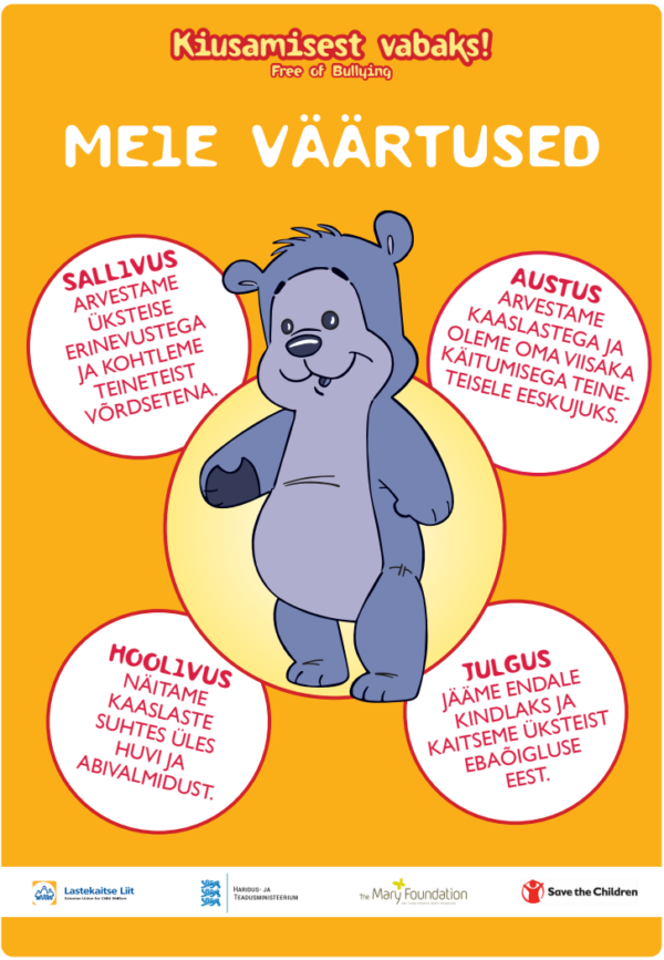 Programmi “Kiusamisest vabaks!” eestikeelne täidetud väärtuste plakat 0-3a vanusegrupile